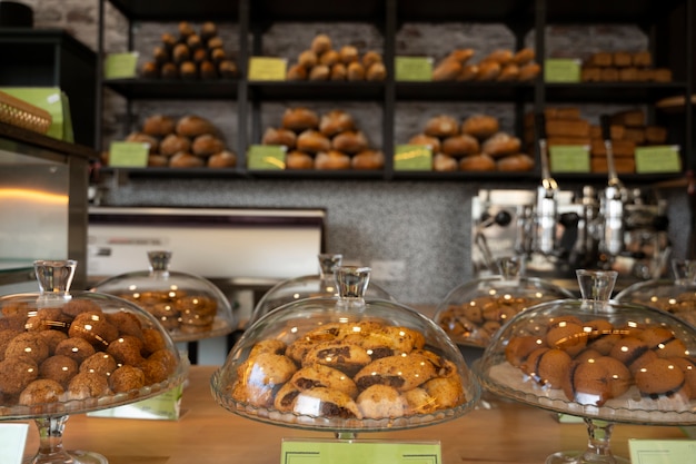 Delicious products arrangement in bakery